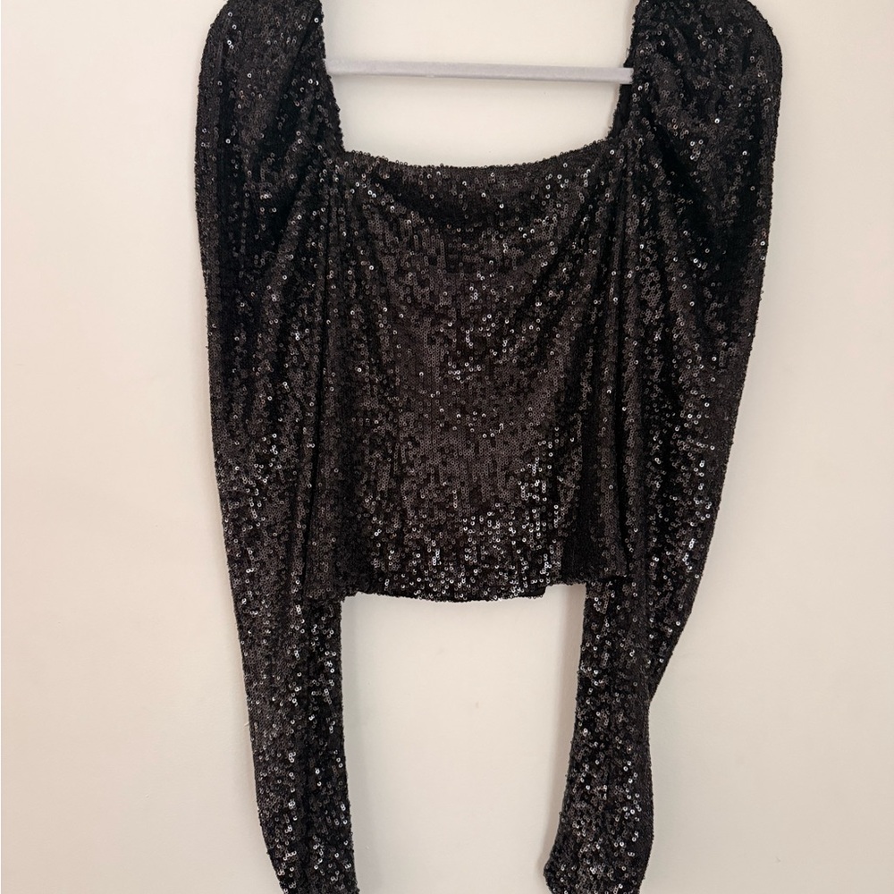 Ramy Brook Sky Top Black Sequin Puff-Sleeve Square-Neck blouse Size 6 - Picture 4 of 9